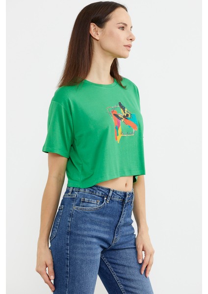 Oversize Baskılı Crop T-Shirt - Yeşil