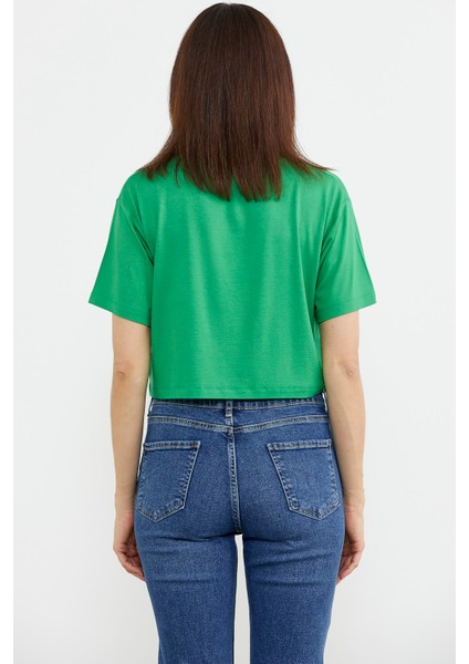 Oversize Baskılı Crop T-Shirt - Yeşil