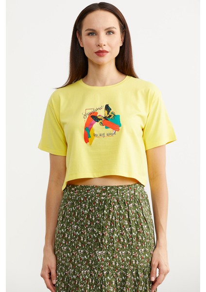 Oversize Baskılı Crop T-Shirt - Sarı