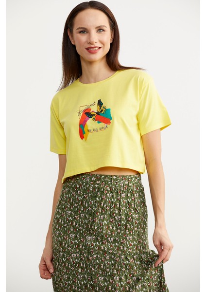 Oversize Baskılı Crop T-Shirt - Sarı modelleri