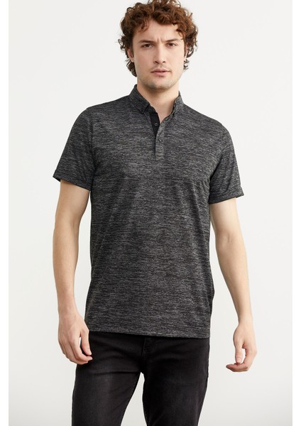 Slim Fit Polo Yaka Viskon T-Shirt - Siyah