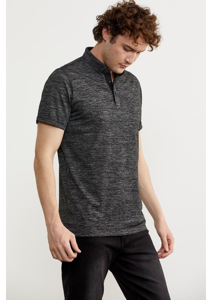 Slim Fit Polo Yaka Viskon T-Shirt - Siyah modelleri