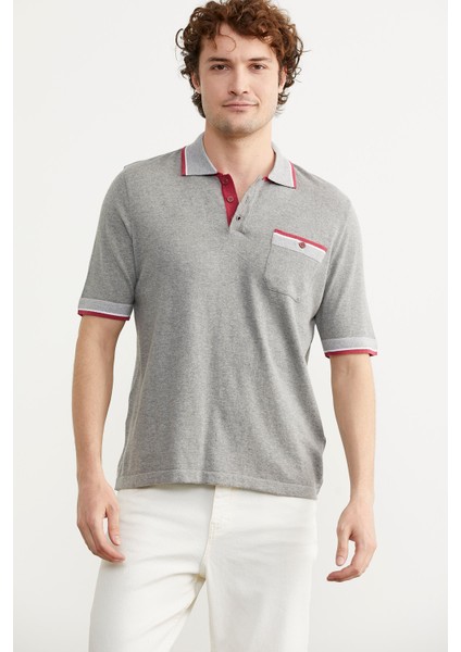 Renk Kombinli Cepli Koton Triko T-Shirt - Gri