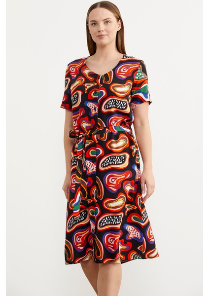 Önden Düğmeli Desenli Viskon Elbise - Siyah modelleri