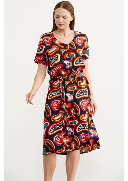 Önden Düğmeli Desenli Viskon Elbise - Siyah fırsatları