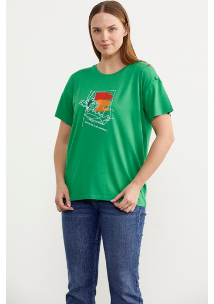 Omuz Düğme Detaylı Baskılı T-Shirt - Yeşil fiyatları