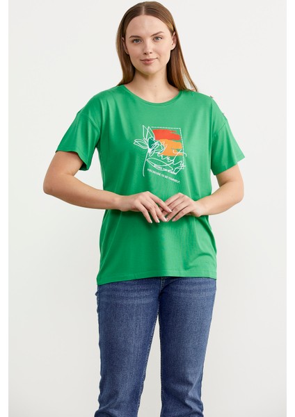 Omuz Düğme Detaylı Baskılı T-Shirt - Yeşil modelleri