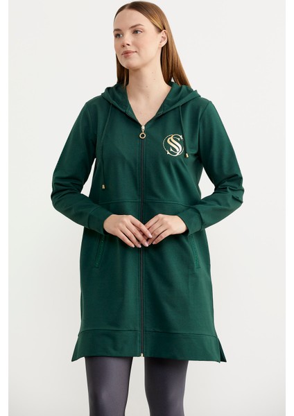 Taş Detaylı Kapüşonlu Tunik Sweatshirt - Yeşil