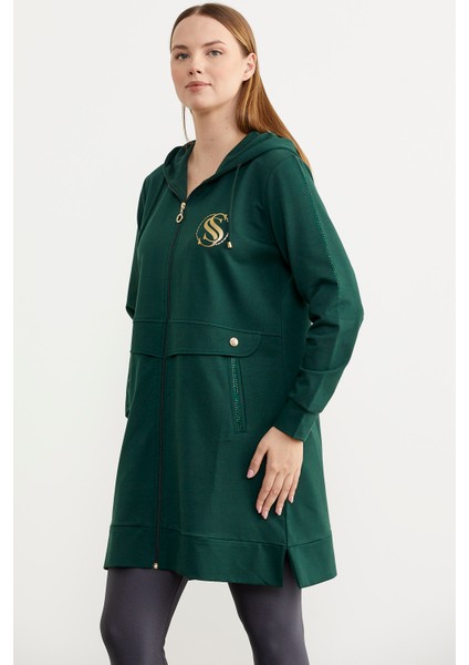 Taş Detaylı Kapüşonlu Tunik Sweatshirt - Yeşil