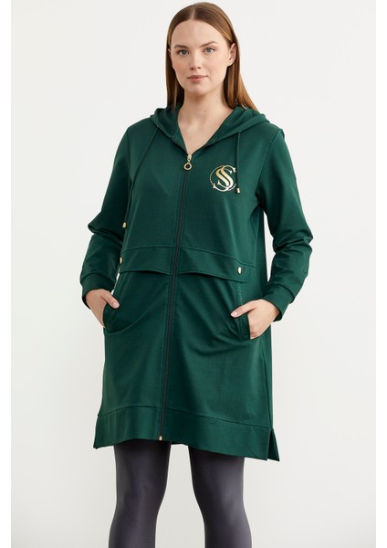Taş Detaylı Kapüşonlu Tunik Sweatshirt - Yeşil