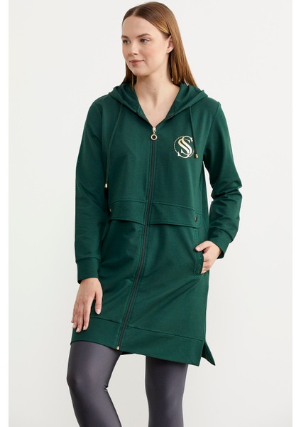 Taş Detaylı Kapüşonlu Tunik Sweatshirt - Yeşil