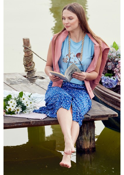 Düşük Kol Baskılı Viskon T-Shirt - Mavi fiyatları