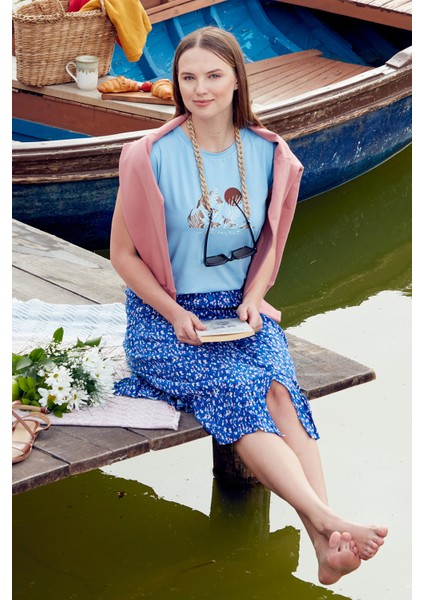 Düşük Kol Baskılı Viskon T-Shirt - Mavi modelleri