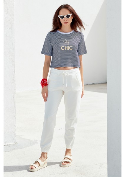 Parlak Baskılı Çizgili Crop T-Shirt - Lacivert