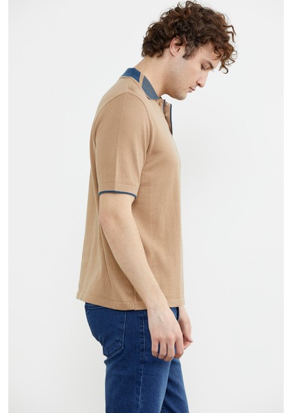 Pamuk Polo Yaka Kısa Kol Triko T-Shirt - Kamel fırsatları