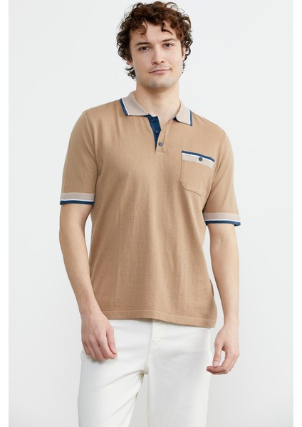 Renk Kombinli Cepli Koton Triko T-Shirt - Kamel indirimleri