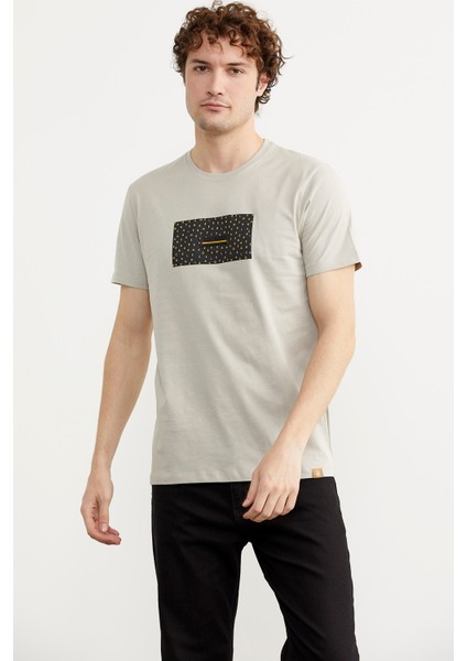 Önü Baskılı Slim Fit T-Shirt - Taş