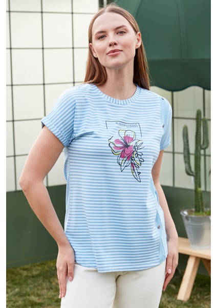 Düşük Kol Çizgili T-Shirt - Mavi