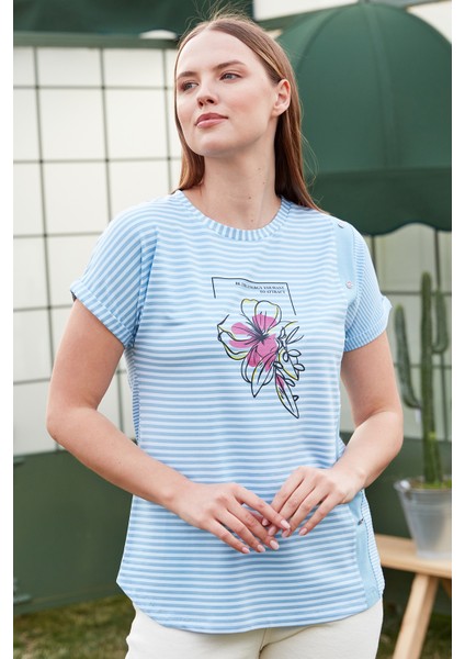 Düşük Kol Çizgili T-Shirt - Mavi