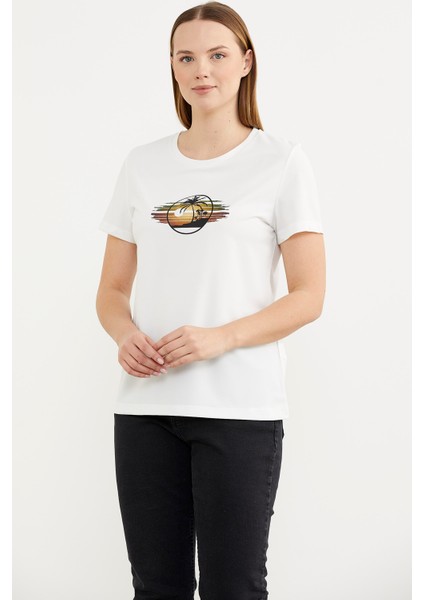 Kısa Kol Baskılı Basic T-Shirt - Ekru modelleri