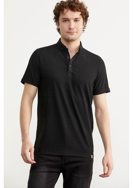 Polo Yaka Slim Fit Viskon T-Shirt - Siyah