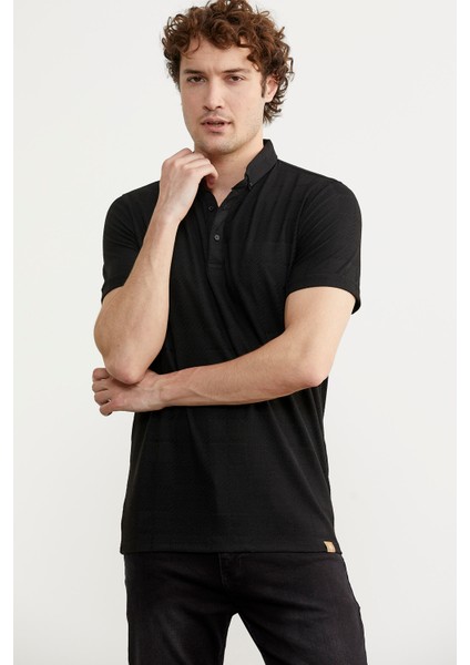 Polo Yaka Slim Fit Viskon T-Shirt - Siyah