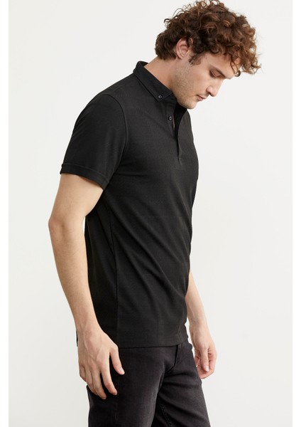 Polo Yaka Slim Fit Viskon T-Shirt - Siyah