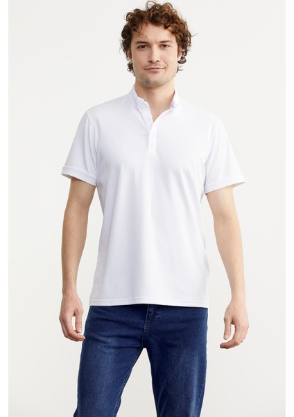 Slim Fit Düğmeli Polo Yaka T-Shirt - Beyaz