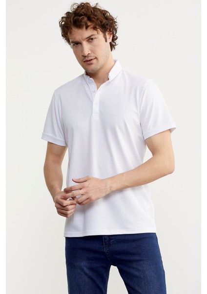 Slim Fit Düğmeli Polo Yaka T-Shirt - Beyaz modelleri