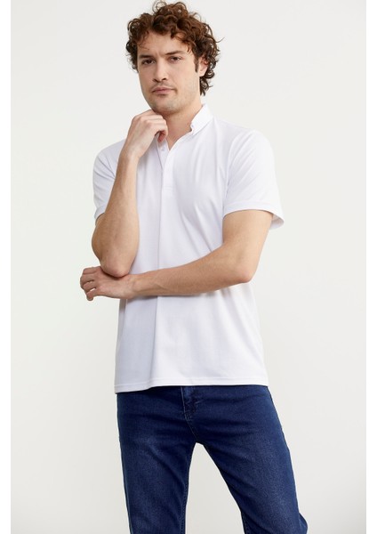 Slim Fit Düğmeli Polo Yaka T-Shirt - Beyaz indirimleri
