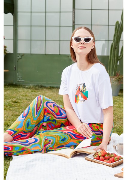 Oversize Baskılı Crop T-Shirt - Beyaz modelleri