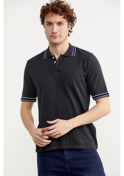 Polo Yaka Kısa Kol Pamuk Triko T-Shirt - Antrasit fiyatları