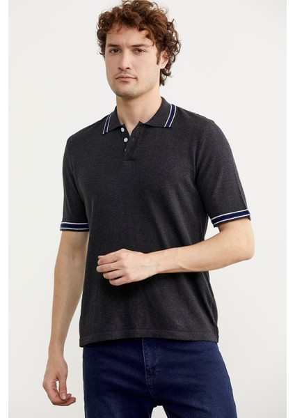 Polo Yaka Kısa Kol Pamuk Triko T-Shirt - Antrasit modelleri