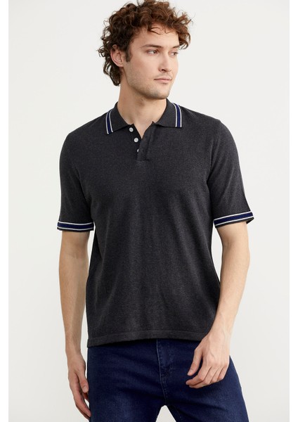 Polo Yaka Kısa Kol Pamuk Triko T-Shirt - Antrasit fırsatları