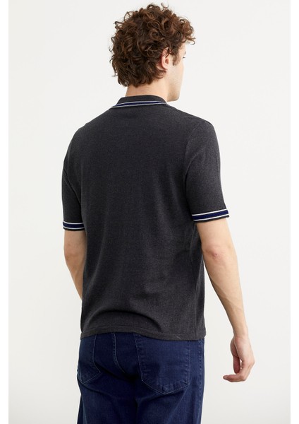 Polo Yaka Kısa Kol Pamuk Triko T-Shirt - Antrasit indirimleri