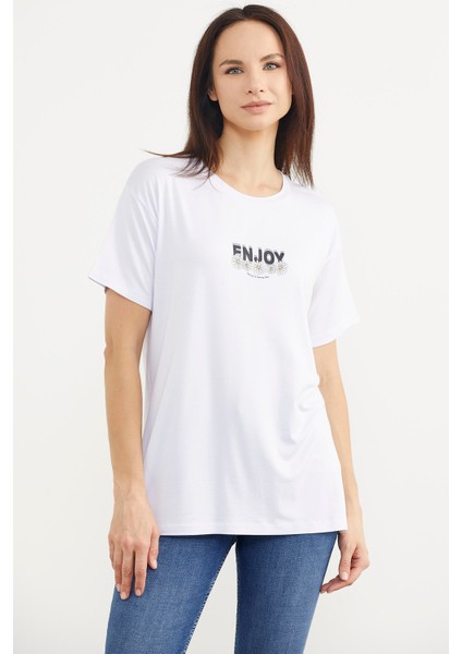 Dökümlü Baskılı Penye T-Shirt - Beyaz fiyatları