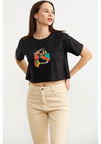 Oversize Baskılı Crop T-Shirt - Siyah