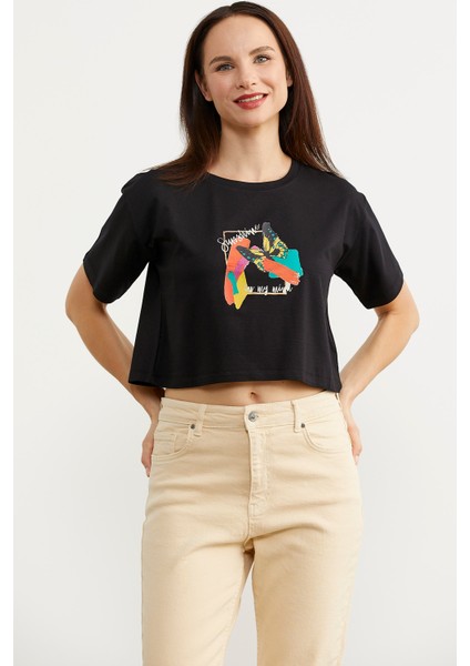 Oversize Baskılı Crop T-Shirt - Siyah