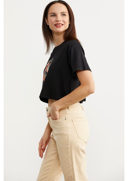 Oversize Baskılı Crop T-Shirt - Siyah
