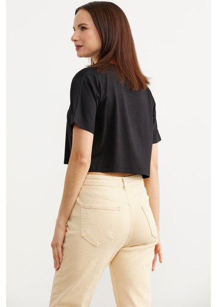 Oversize Baskılı Crop T-Shirt - Siyah