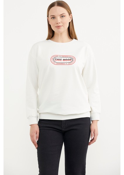 Baskılı Oversize Basic Sweatshirt - Ekru