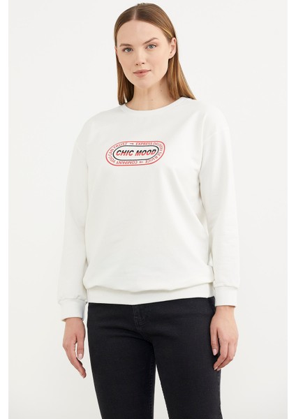 Baskılı Oversize Basic Sweatshirt - Ekru