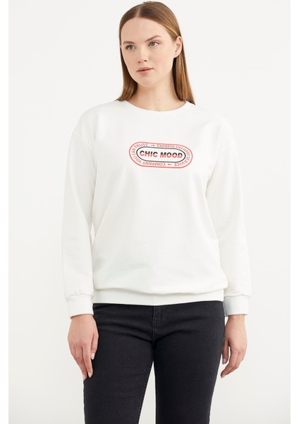 Baskılı Oversize Basic Sweatshirt - Ekru