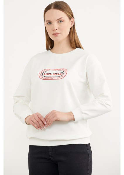 Baskılı Oversize Basic Sweatshirt - Ekru