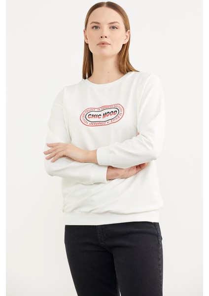 Baskılı Oversize Basic Sweatshirt - Ekru