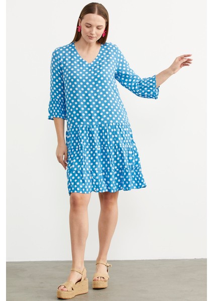 Puantiye Desenli Rahat Kalıp Dökümlü Elbise - Mavi modelleri