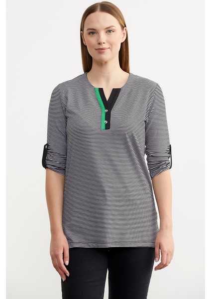 Çizgili Truvakar Kol T-Shirt - Siyah