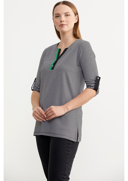 Çizgili Truvakar Kol T-Shirt - Siyah modelleri