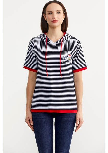 Kapüşonlu Renk Kombinli Çizgili T-Shirt - Lacivert