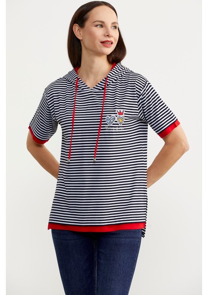 Kapüşonlu Renk Kombinli Çizgili T-Shirt - Lacivert fiyatları
